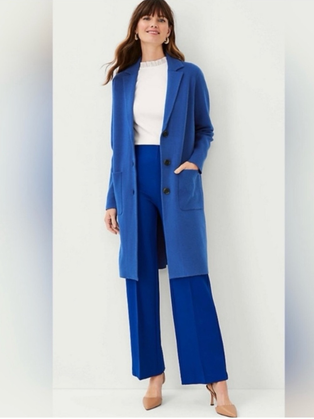 Ann Taylor Royal Blue Long Collared knit Cardigan Jacket Size Small NWT